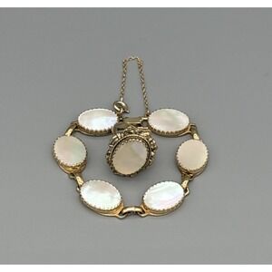 VTG Whiting & Davis Mother of Pearl Gold Tone Oval Link Bracelet 7" & Ring Sz 5